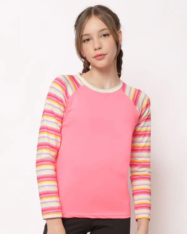 Blusa Proteção UV Juvenil Manga Longa Raglan Listrada Rosa 10
