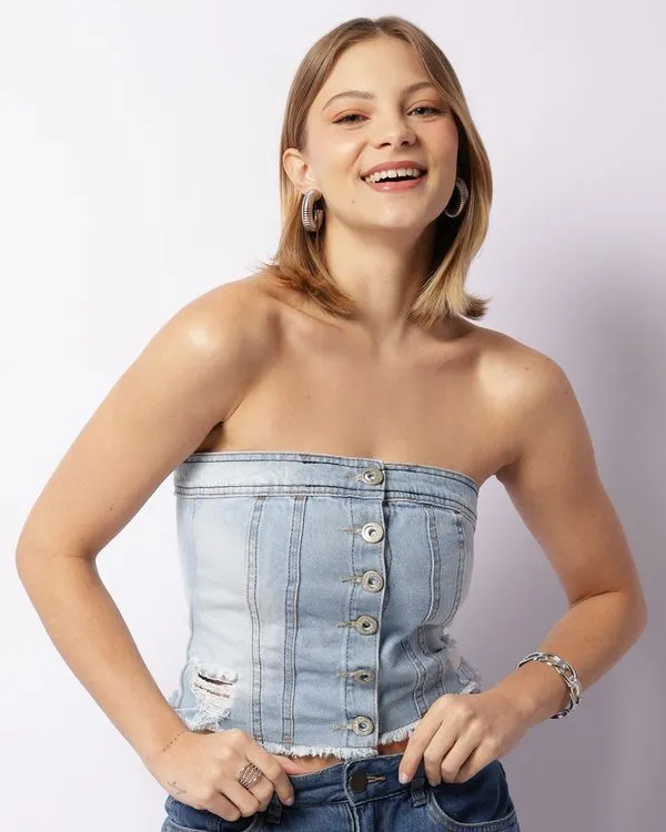 Blusa Jeans Feminina Tomara Que Caia Destroyed Azul M