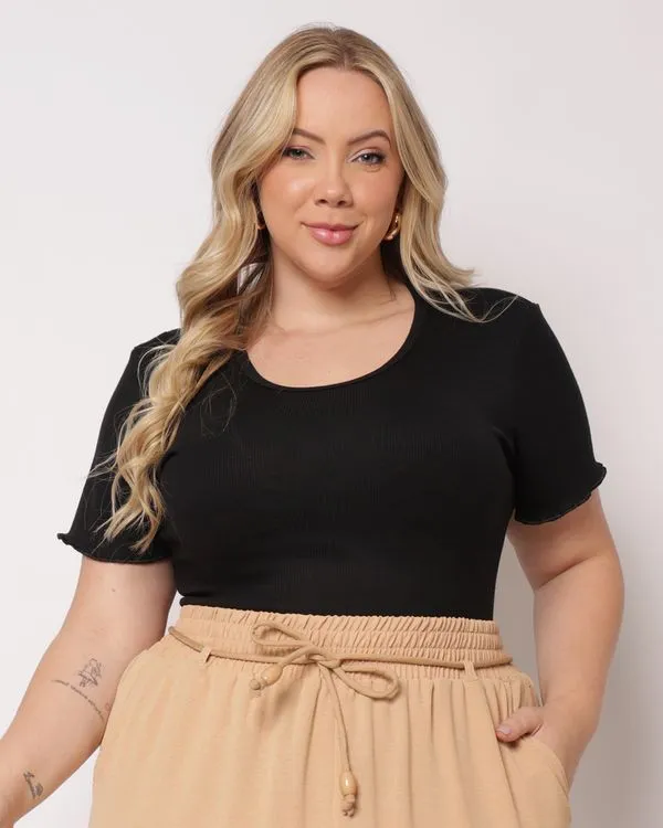 Blusa Plus Size Feminina Básica Canelada Manga Curta Preta G2
