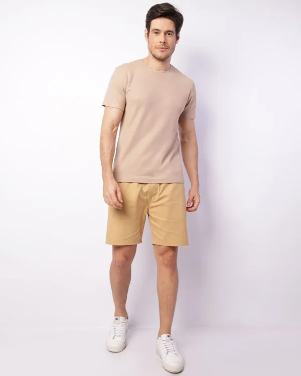 Bermuda Sarja Masculina Reta Cordão Elástico Bege Escuro 42