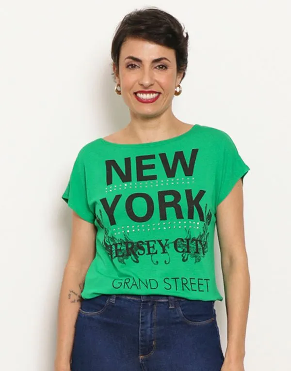 Blusa Feminina Manga Curta Estampa Com Aplique Metalizado Verde M