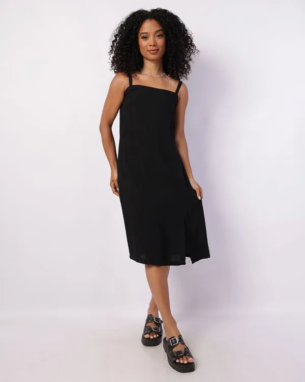Vestido Feminino Midi Viscose com Fenda Preto GG