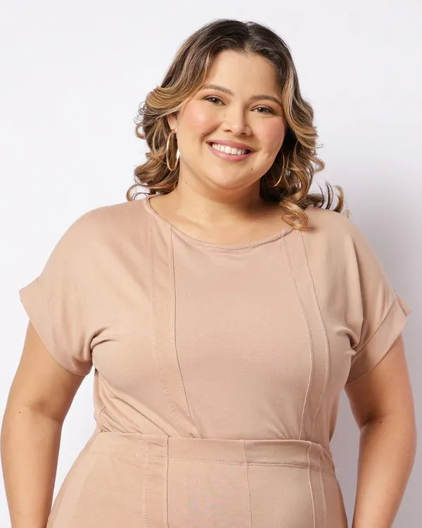 Blusa Plus Size Feminina Manga Curta Recorte Frontal Molecotton Bege G2