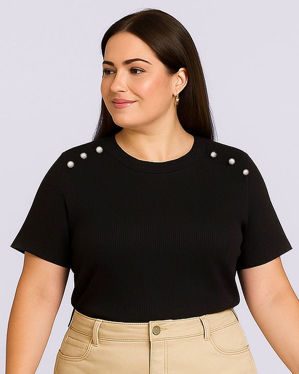 Blusa Plus Size Feminina Canelada Pérolas Manga Curta Preta G1