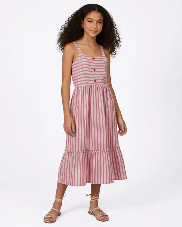 Vestido Juvenil Midi com Babado Listrado Vermelho 16