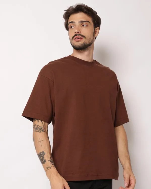 Camiseta Masculina Box Algodão Básica Marrom G