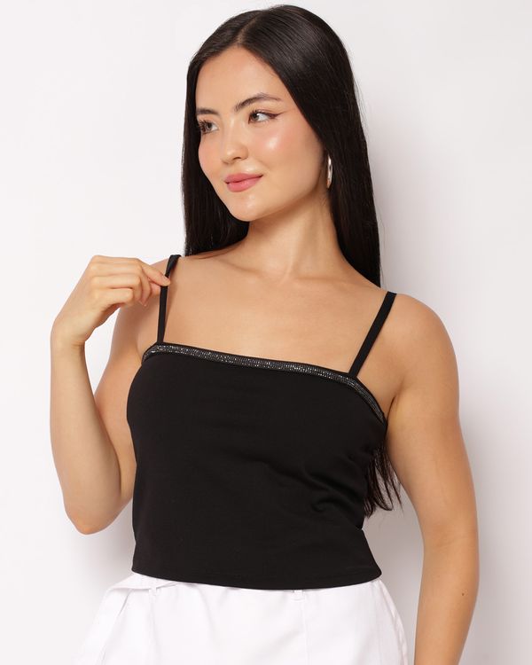 Blusa Feminina Alcinha Cropped Berry & Co. com Strass Preta P