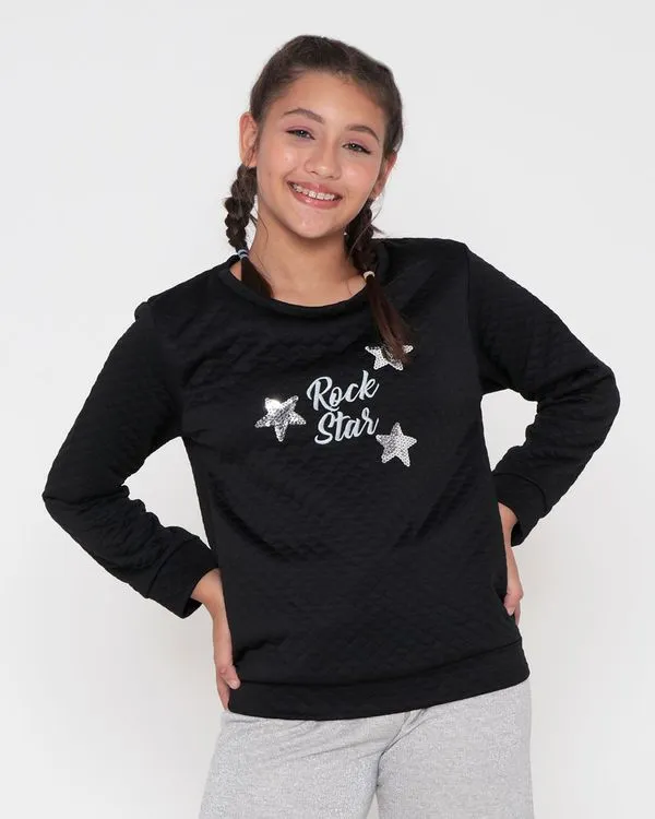 Blusa Juvenil Matelassê Rock Star Paetê Preta 12