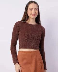 Blusa Feminina Berry & Co. Manga Longa com Pelinho Marrom P