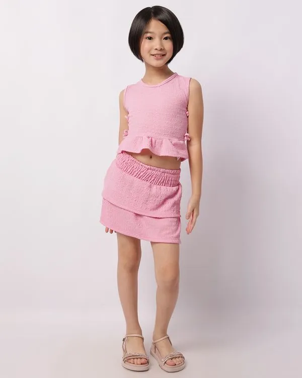 Short Saia Infantil Curto Texturizado com Babado Rosa 10