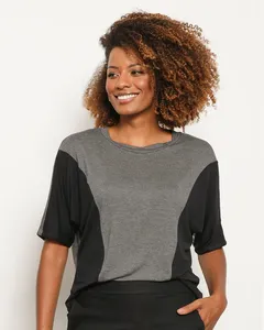 Blusa Feminina Viscose Com Recortes Manga Curta Mescla Cinza GG