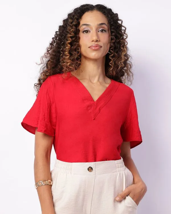 Blusa Feminina Berry & Co. Decote V Viscose Manga Curta Vermelha GG