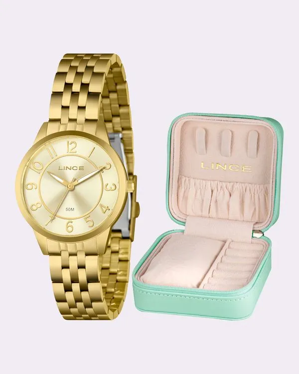 Kit Relógio Feminino Analógico Lince com Porta Jóias Dourado UN