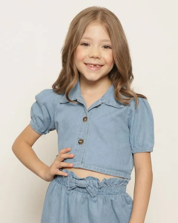 Camisa Infantil Liocel Cropped Manga Curta Azul 8