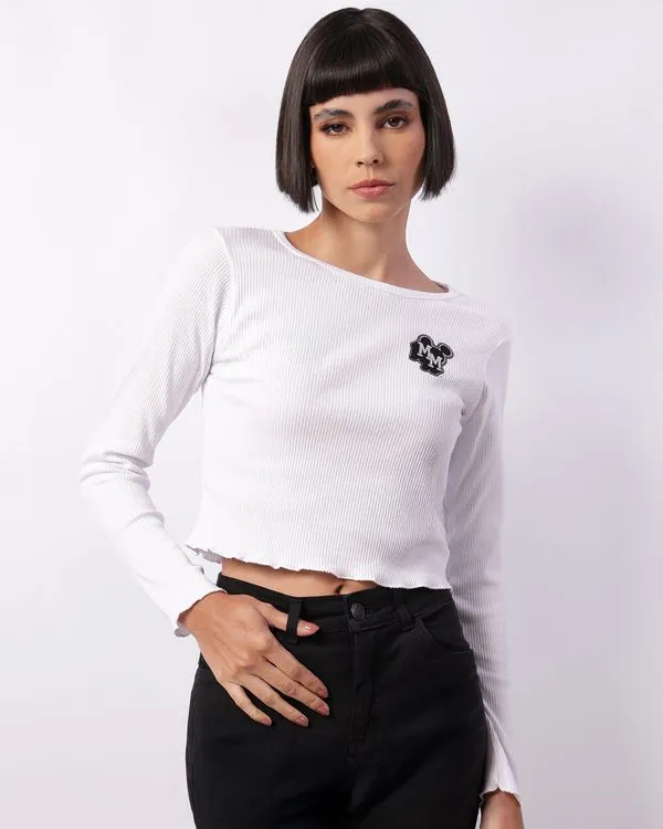 Blusa Feminina Cropped Disney Mickey E Minnie Canelada Branca P