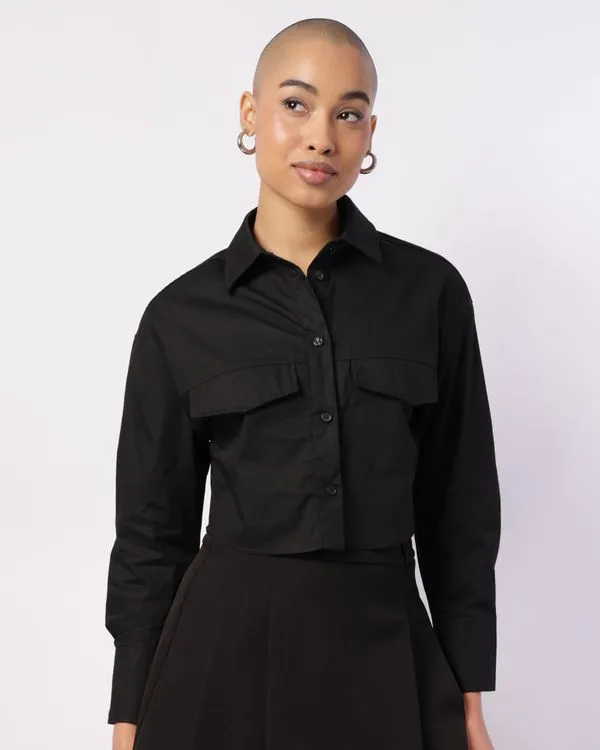 Camisa Feminina Cropped Algodão Manga Longa Preta M