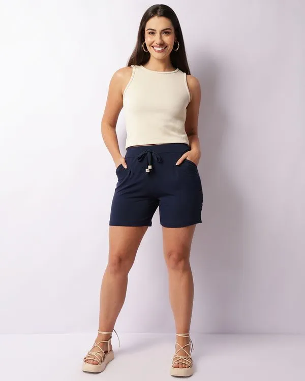 Bermuda Feminina Reta Cordão Com Miçanga Marinho G
