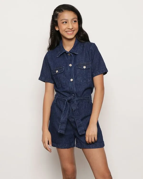 Macacão Jeans Juvenil Curto Botões E Amarração Azul 16