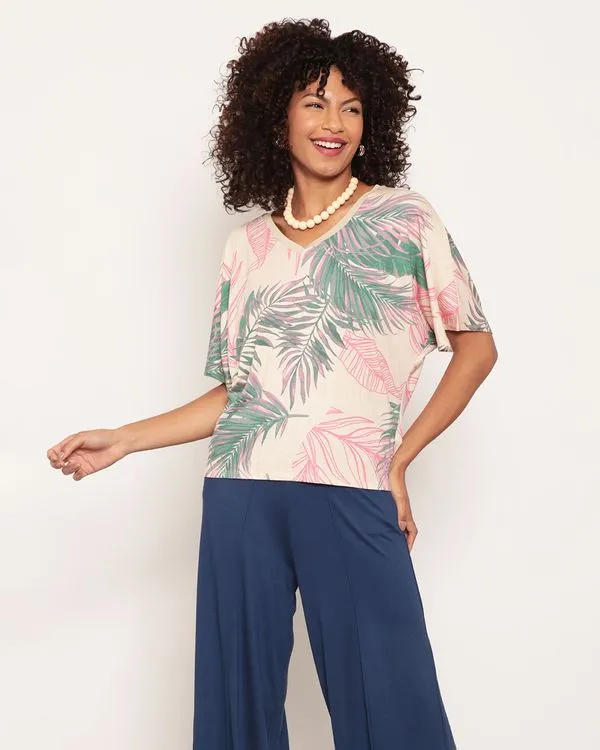 Blusa Feminina Decote V Com Retilínea Estampa Bege P