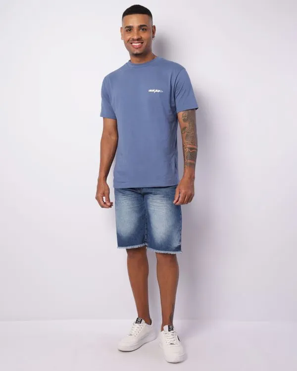 Bermuda Jeans Masculina Reta Estonada Barra Desfiada Azul 40