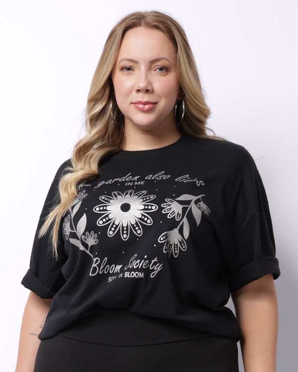 Camiseta Plus Size Feminina Algodão Estampa Floral Preta G1