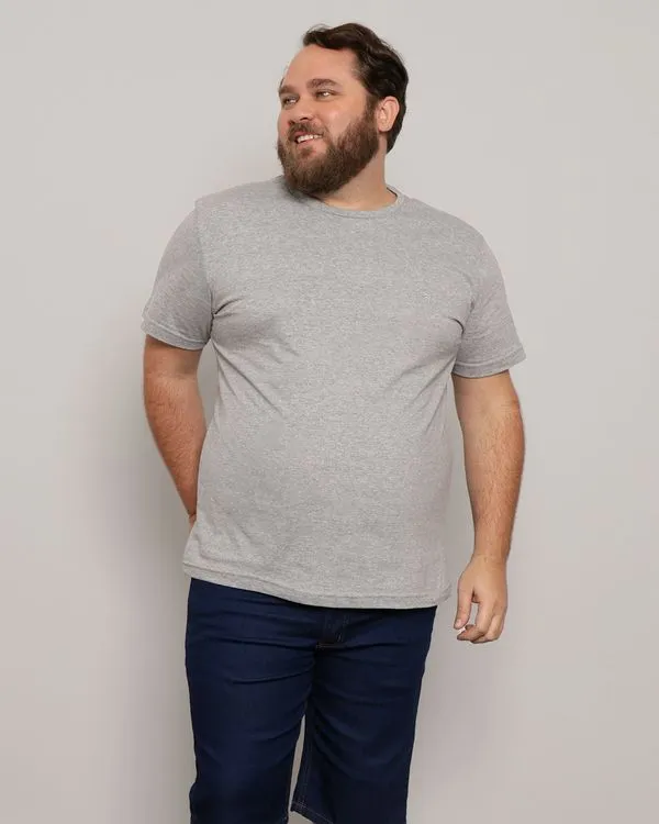 Camiseta Plus Size Masculina Manga Curta Básica Mescla Cinza G2