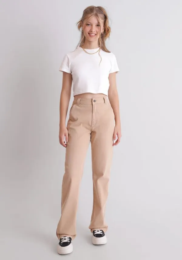 Calça wide leg cintura alta em veludo cotelê Calça Wide Leg Cintura Alta em Veludo Cotelê Bege 32