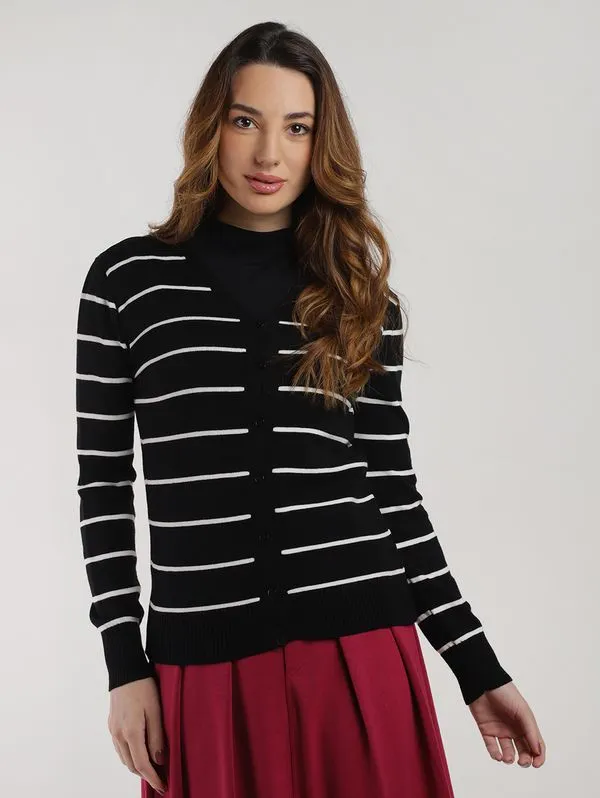 Cardigan Tricot Feminino PRETO/PRETO/BRANCO M