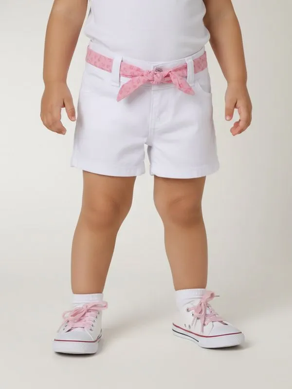 Short Sarja Faixa Cinto Infantil Para Menina - BRANCO 2