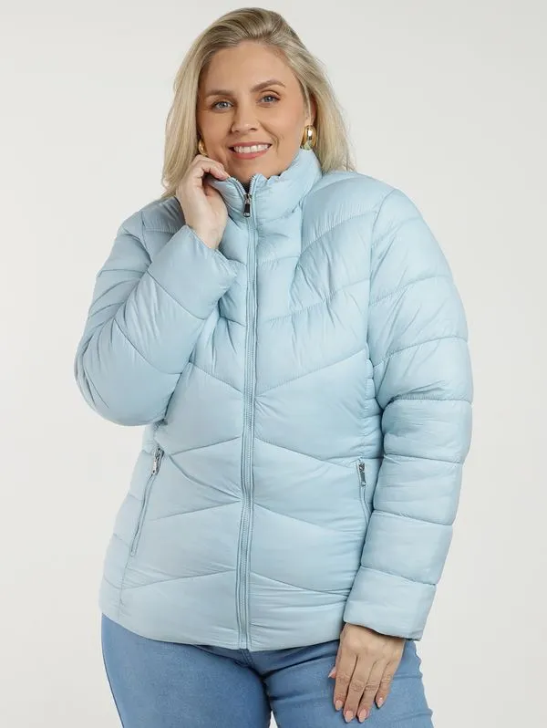 Jaqueta Puffer Nylon Forrada Plus Size Feminina AZUL CLARO G3