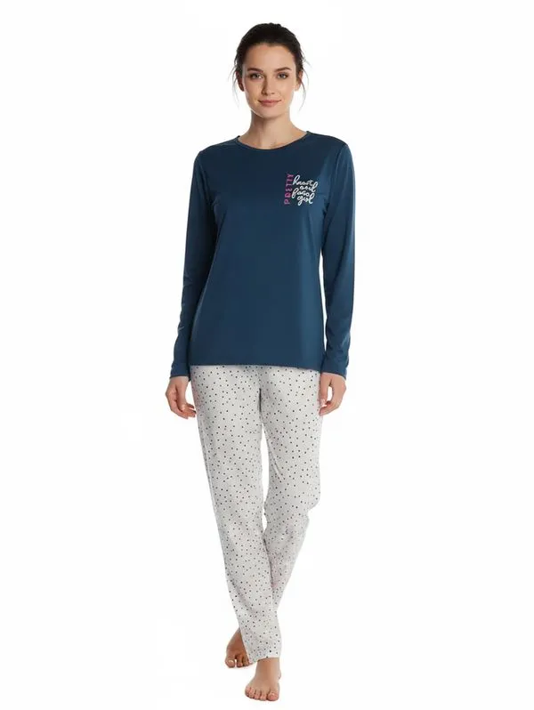 Pijama Longo Feminino AZUL/OFF WHITE GG