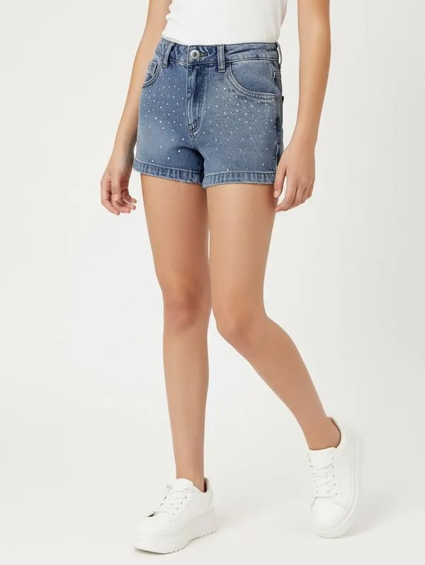 Short Jeans Brilhosa Juvenil Para Menina - AZUL 12