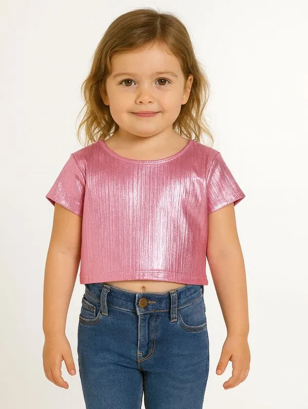 Blusa Manga Curta Cropped Infantil Para Menina - ROSA 3