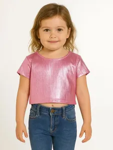Blusa Manga Curta Cropped Infantil Para Menina - ROSA 2