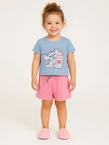 Pijama Curto Estampado Infantil Para Menina - AZUL/ROSA 2