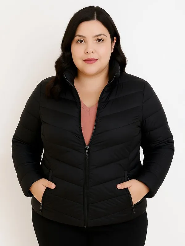 Jaqueta Puffer Nylon Forrada Plus Size Feminina PRETO G3