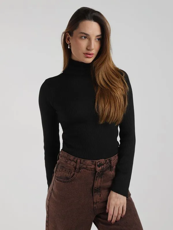 Blusão Tricot Gola Rolê Feminino PRETO