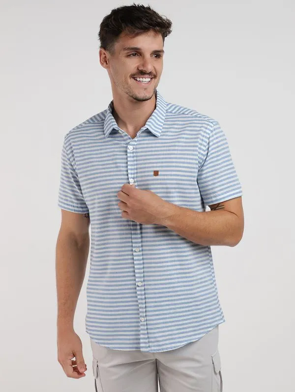 Camisa Fio Tinto Listrado Manga Curta Masculina AZUL XG