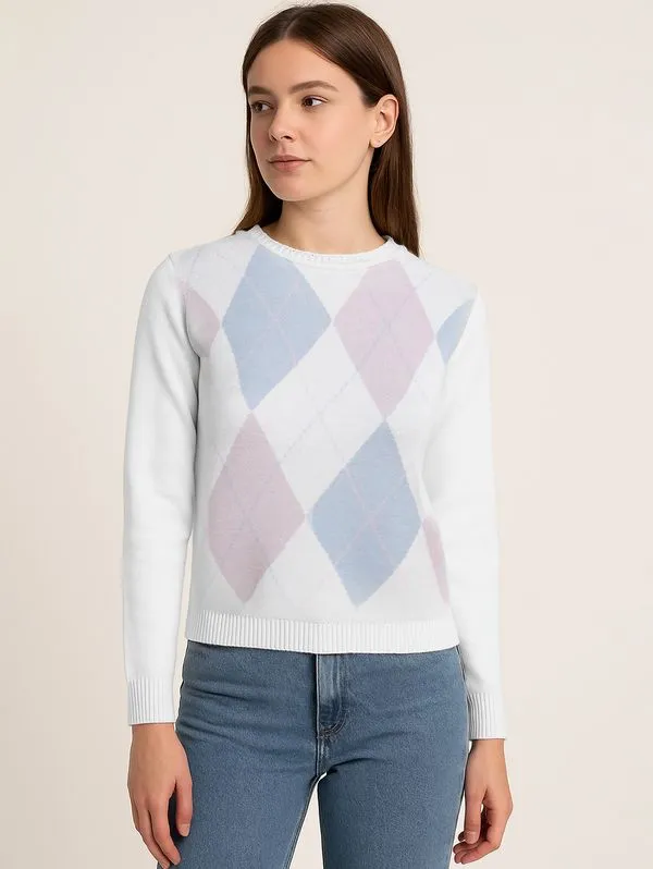 Blusão Tricot Xadrez Argyle Feminino AZUL CLARO/ROSA CLARO P