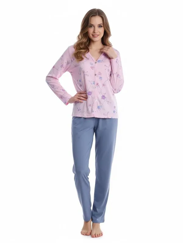 Pijama Longo Americano Feminino ROSA/AZUL G