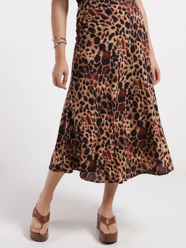 Saia Midi Godê Animal Print Feminina CARAMELO P