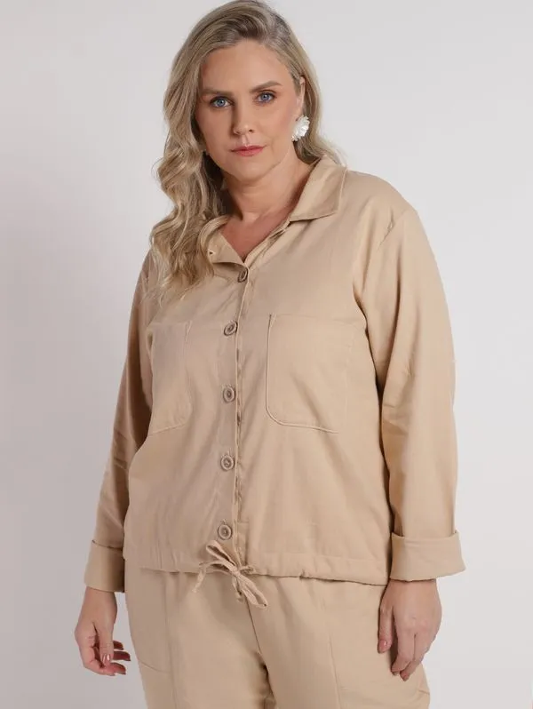Camisa Viscolinho Manga Longa Plus Size Feminina BEGE G2