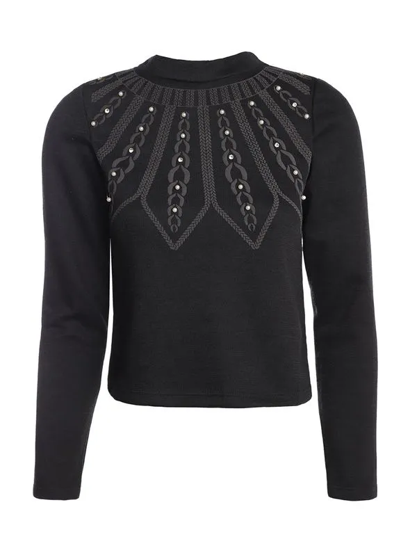 Blusa Tricot Gola Média Com Pérolas Feminina PRETO G