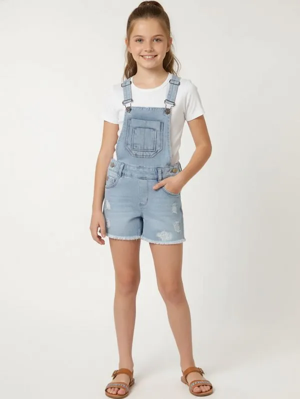 Jardineira Jeans Puídos Juvenil Para Menina - AZUL 12