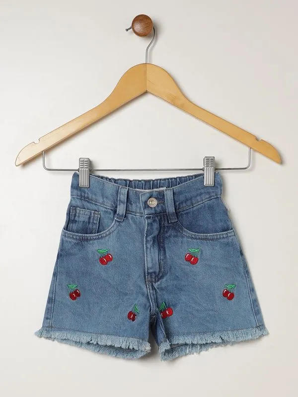 Short Jeans Bordado Cereja Infantil Para Menina- AZUL 4