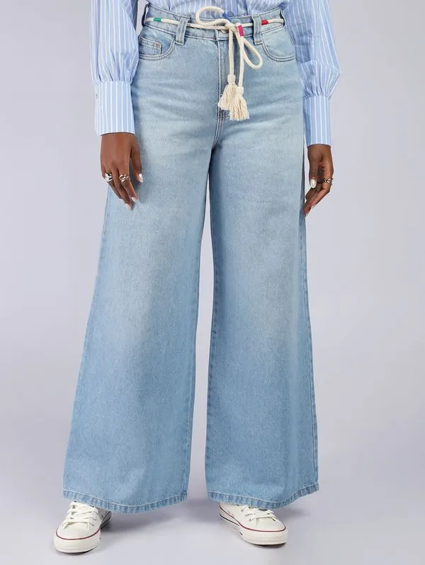Calça Jeans Super Wide Cropped Com Cinto Feminina AZUL 36