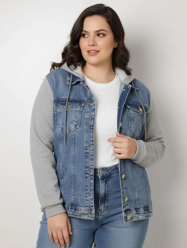 Jaqueta Jeans Manga Moletom Plus Size Feminino AZUL G3