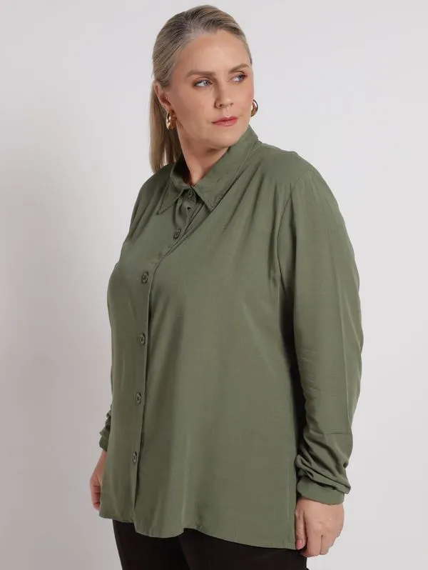 Camisa Viscose Manga Longa Plus Size Feminina VERDE G1
