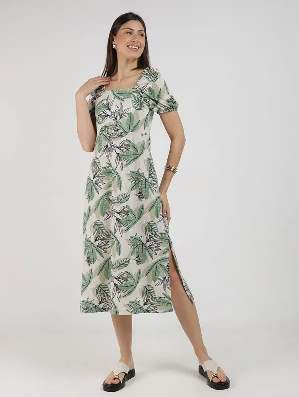 Vestido Manga Bufante Estampado Feminino VERDE G