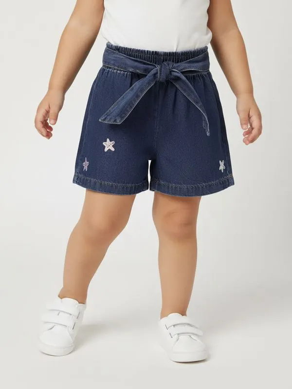 Short Jeans Com Amarração Infantil Para Menina - AZUL 2